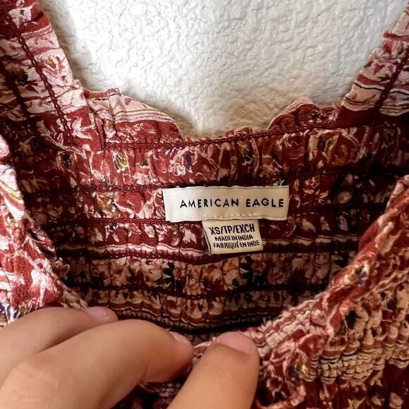 American Eagle Boho Ditsy Floral Smocked Romper Red Tan Size XS - Picture 4 of 5